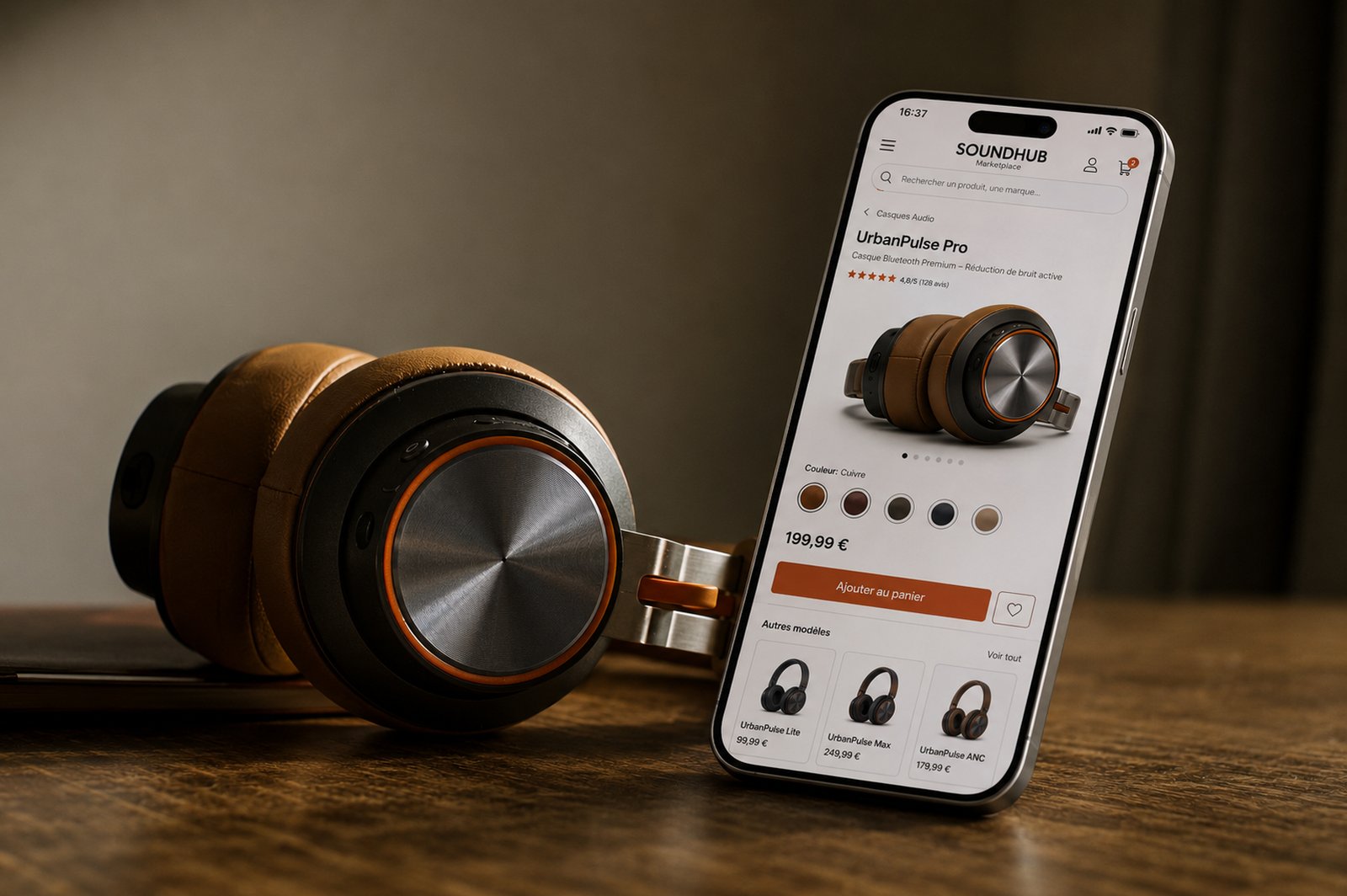 Casque audio Bluetooth premium avec application mobile e-commerce sur smartphone