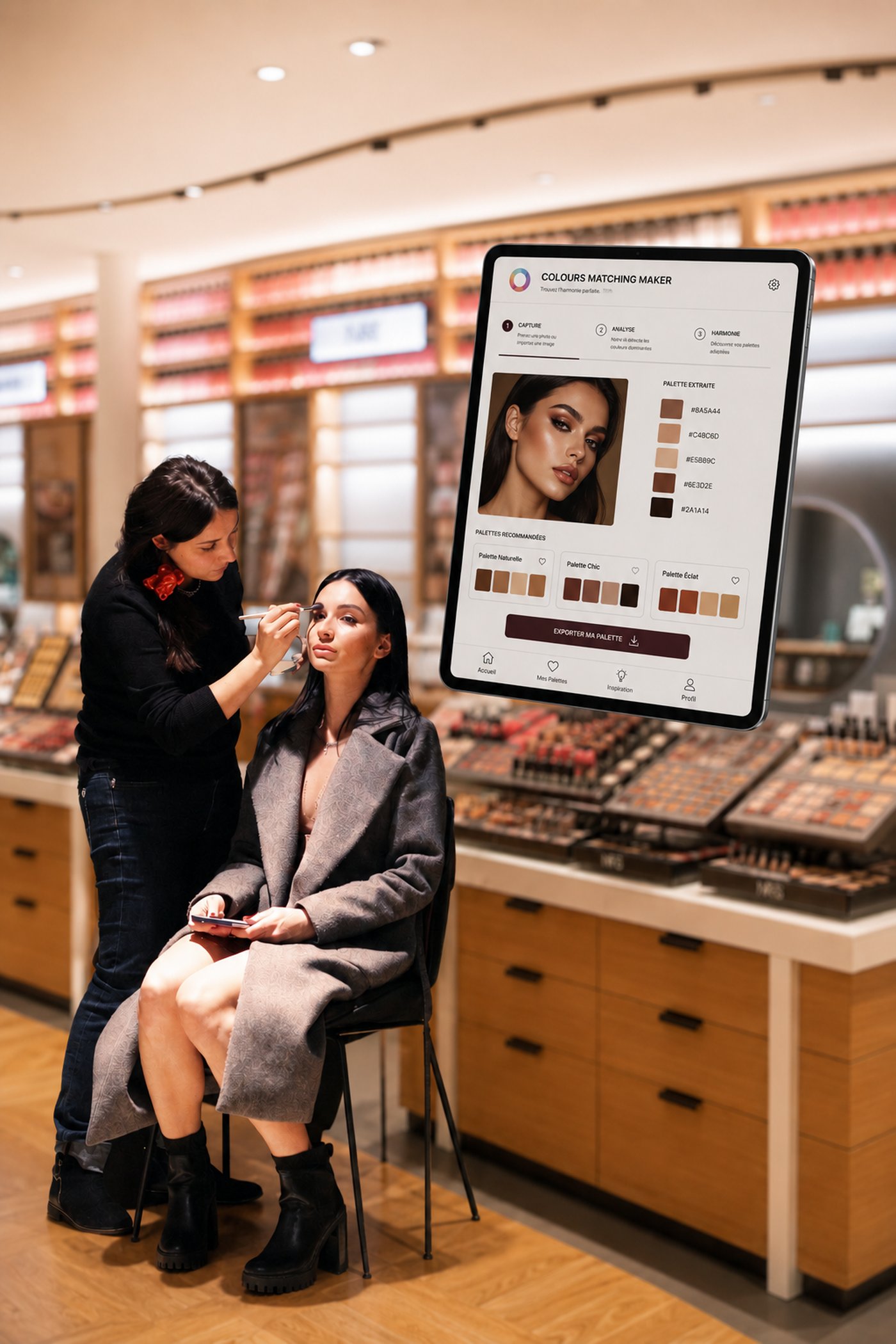 Conseillère beauté maquillant une cliente en magasin de parfumerie, avec tablette d'analyse digitale des couleurs