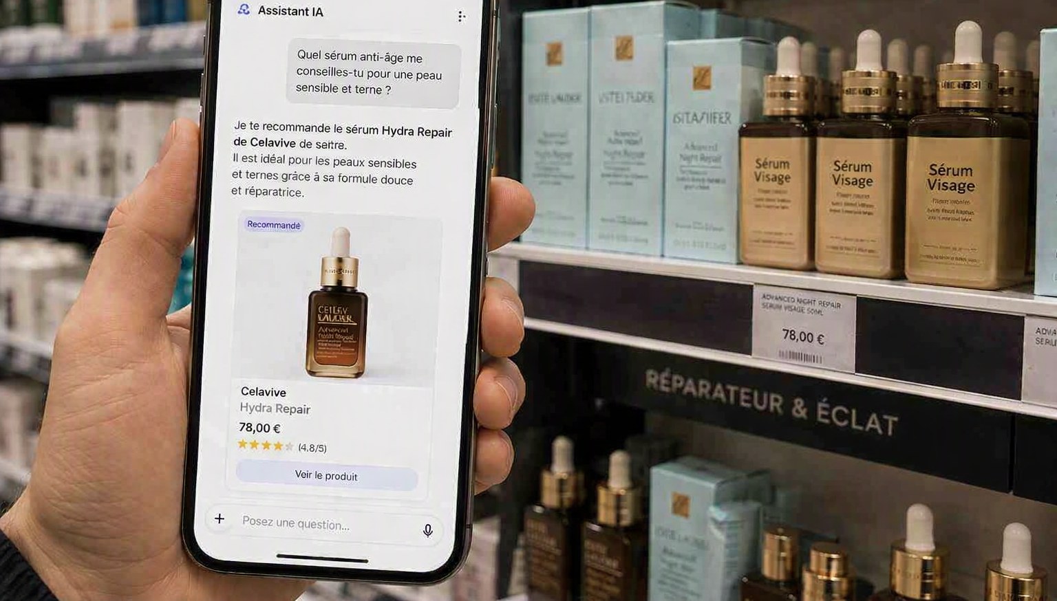 Réponse d'un assistant IA recommandant un produit, rayon correspondant en magasin